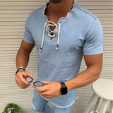 Summer New Fashion Men Denim T-shirt Lace Up tassel Short Sleeved V-neck Hollow Out Solid Casual Jeans Top Oversized Clothes