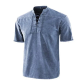 Riolio  T Shirt Men Stand Collar Front Lace Up Short Sleeve V Neck Slim T Shirt Streetwear for Daily Wear Solid Retro Casual Tops Tees