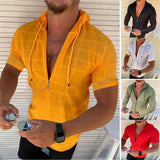 Riolio Summer Beach Mens Hooded Short Sleeve Shirts With Zipper Casual Homme Slim Fit T Shirts For Man Streetwear Solid Color Blouse