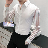 Riolio New Men Lace Perspective Shirt Party Prom Hollow Lace Patchwork Long Sleeve Tuxedo Shirt Nightclub Casual Social Shirt