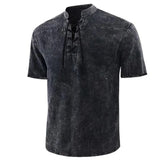 Riolio  T Shirt Men Stand Collar Front Lace Up Short Sleeve V Neck Slim T Shirt Streetwear for Daily Wear Solid Retro Casual Tops Tees