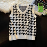 Riolio Men Houndstooth Sweater Vests Vintage Sleeveless V-neck Knitwear College Students Couple Loose Outwear Suester Para Hombre Chic