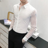 Riolio New Men Lace Perspective Shirt Party Prom Hollow Lace Patchwork Long Sleeve Tuxedo Shirt Nightclub Casual Social Shirt