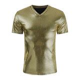 Riolio Silver Plaid Metallic Nightclub Wear Tshirt Men Sexy New Disco Party Stage Prom Tshirts Men Slim Fit V Neck Tee Shirt Homme