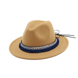 Riolio  High Quality Wide Flat Brim Wool Felt Formal Party Trilby Fedora Hat Fashion Men Women Lady Jazz Cap Hat with Ribbon Decoration