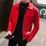 Riolio Shiny Leather Jacket Men's Stage Costume Red Black Brown Nightclub Club Men's Leather Jacket Solid Color Slim Men's Jacket Coats