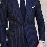 Riolio 2 Piece Pinstripe Men's Suit Slim Fit for Formal Wedding Tuxedo Notched Lapel Navy Blue Striped Business Groom Male Fashion