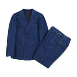 Riolio Casual Blue Denim Oxford Men Suits Costume Homme Fashion Wedding Prom Terno Masculino Slim Fit Groom Blazer 2 Pcs(Jacket+Pant)