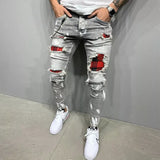 Riolio New Men's Skinny Ripped Jeans Fashion Grid Beggar Patches Slim Fit Stretch Casual Denim Pencil Pants Painting Jogging Trousers