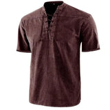Riolio  T Shirt Men Stand Collar Front Lace Up Short Sleeve V Neck Slim T Shirt Streetwear for Daily Wear Solid Retro Casual Tops Tees