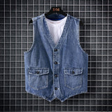 Riolio Spring Summer New Men Denim Vest Jacket Fashion Loose Personality Back Strap Casual Blue Male Sleeveless Jean Coat