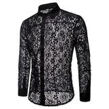 Riolio Luxury Floral Embroidery Lace Shirt Men Brand New Transparent Sexy Dress Shirts Mens See Trough Club Party Black Shirt Male