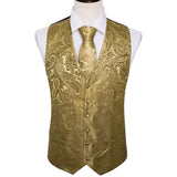 Riolio 4PC Mens Extra Silk Vest Party Wedding Gold Paisley Solid Floral Waistcoat Vest Pocket Square Tie Suit Set