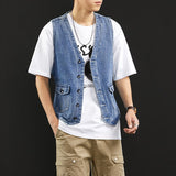 Riolio Spring Summer New Men Denim Vest Jacket Fashion Loose Personality Back Strap Casual Blue Male Sleeveless Jean Coat