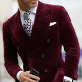 Riolio WELL DRESSED MEN Burgundy Velvet Blazer for Men with Double Breasted Dinner Jacket Elegant Smoking Suit Coat