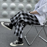 Riolio Men Casual Pants Plaid Ankle Length Loose Wide Leg All-match Elastic Waist Fashion Trousers Streetwear Harajuku Korean Retro Ins