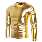 Riolio Men's V Neck Sliver Metallic Shiny T Shirt Disco Nightclub Prom Long Sleeve Tshirt Homme Hip Hop Halloween Carnival Streetwear
