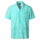 Riolio Men's Traditional Cuban Camp Collar Guayabera Shirt Short Sleeve Embroidered Mexican Caribbean Style Beach Shirt with 4 Pocket