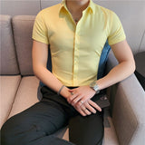 Riolio Small Asian Size Summer Fashion New Mens Shirt Korea Styles Short Sleeve Slim Fit Yellow Green White Casual Social Shirts