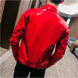 Riolio Shiny Leather Jacket Men's Stage Costume Red Black Brown Nightclub Club Men's Leather Jacket Solid Color Slim Men's Jacket Coats