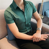 Riolio Small Asian Size Summer Fashion New Mens Shirt Korea Styles Short Sleeve Slim Fit Yellow Green White Casual Social Shirts