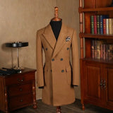 Riolio  Men Wool Overcoat Double-breasted 6 Button Peak Lapel Suit Long Outwear Jacket Fashion Brown Long Coat