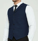 Riolio Men's Grey Herringbone Wool Tweed Slim Fit Leisure Cotton Suit Burgundy Vest Gentleman Business Waistcoat For Wedding
