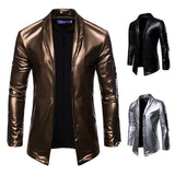 Riolio Shiny Gold Pu Leather Blazer Jacket Men Brand New Slim Fit Cardigan Mens Blazers Nightclub Party DJ Stage Clothers for Male