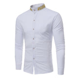 Riolio Stand Collar Men Shirt Black Brand Gold Embroidery Men Long Sleeve Dress Shirts Slim Fit Cotton Male Casual Chemise Homme