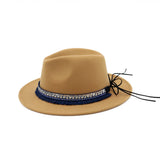 Riolio  High Quality Wide Flat Brim Wool Felt Formal Party Trilby Fedora Hat Fashion Men Women Lady Jazz Cap Hat with Ribbon Decoration