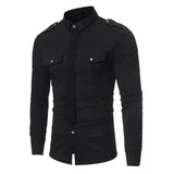 Riolio Double Pocket Military Style Black Shirt Men Casual Contrast Color Fake Tie Social Shirt Male Slim Fit Long Sleeve Chemise