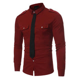 Riolio Double Pocket Military Style Black Shirt Men Casual Contrast Color Fake Tie Social Shirt Male Slim Fit Long Sleeve Chemise