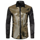 Riolio Shiny Gold Sequin Black Silk Dress Shirts Men Long Sleeve Button Down Shiny Disco Party Shirts Male Nightclub Party Prom Chemise