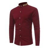 Riolio Stand Collar Men Shirt Black Brand Gold Embroidery Men Long Sleeve Dress Shirts Slim Fit Cotton Male Casual Chemise Homme