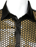 Riolio Shiny Gold Sequin Black Silk Dress Shirts Men Long Sleeve Button Down Shiny Disco Party Shirts Male Nightclub Party Prom Chemise