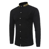 Riolio Stand Collar Men Shirt Black Brand Gold Embroidery Men Long Sleeve Dress Shirts Slim Fit Cotton Male Casual Chemise Homme