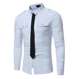 Riolio Double Pocket Military Style Black Shirt Men Casual Contrast Color Fake Tie Social Shirt Male Slim Fit Long Sleeve Chemise