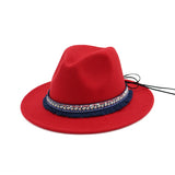 Riolio  High Quality Wide Flat Brim Wool Felt Formal Party Trilby Fedora Hat Fashion Men Women Lady Jazz Cap Hat with Ribbon Decoration