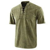 Riolio  T Shirt Men Stand Collar Front Lace Up Short Sleeve V Neck Slim T Shirt Streetwear for Daily Wear Solid Retro Casual Tops Tees