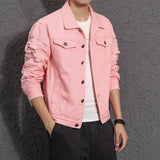 Riolio M- 5XL Fashion Brand Denim Jacket Men Ripped Holes Mens Pink black Jean Jackets Garment Washed Mens Denim Coat