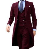 Riolio New Fashion Long Coat Designs Burgundy Men Suit Gentle Men Tuxedo Prom Wedding Blazer Custom 3 Pieces (Jacket+vest+Pants)