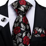 Riolio Black Red Rose Floral Ties For Men 8cm Men's Silk Neck Tie Handkerchief Cufflinks Set Business Wedding Tie Gift For Men DiBanGu