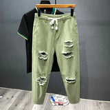 Riolio Japanese Trend New Men's Ripped Hole Jeans White Green Black Ankle Length Youth Fashion  Loose  Denim Harem Cargo Pants