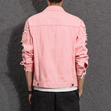 Riolio M- 5XL Fashion Brand Denim Jacket Men Ripped Holes Mens Pink black Jean Jackets Garment Washed Mens Denim Coat
