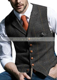 Riolio Mens Suit Vest Notched Plaid Wool Herringbone Tweed Waistcoat Casual Formal Business Groomman For Wedding Green/Black/Green/Grey