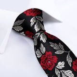 Riolio Black Red Rose Floral Ties For Men 8cm Men's Silk Neck Tie Handkerchief Cufflinks Set Business Wedding Tie Gift For Men DiBanGu