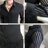 Riolio New Men Lace Perspective Shirt Party Prom Hollow Lace Patchwork Long Sleeve Tuxedo Shirt Nightclub Casual Social Shirt