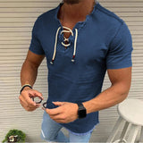 Summer New Fashion Men Denim T-shirt Lace Up tassel Short Sleeved V-neck Hollow Out Solid Casual Jeans Top Oversized Clothes