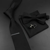 Riolio  New Men's Tie Bowtie Set Luxury Business Worker Blue Black Solid Color Silk Polyester Jacquard Woven Necktie Suit Wedding Party