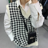 Riolio Men Houndstooth Sweater Vests Vintage Sleeveless V-neck Knitwear College Students Couple Loose Outwear Suester Para Hombre Chic